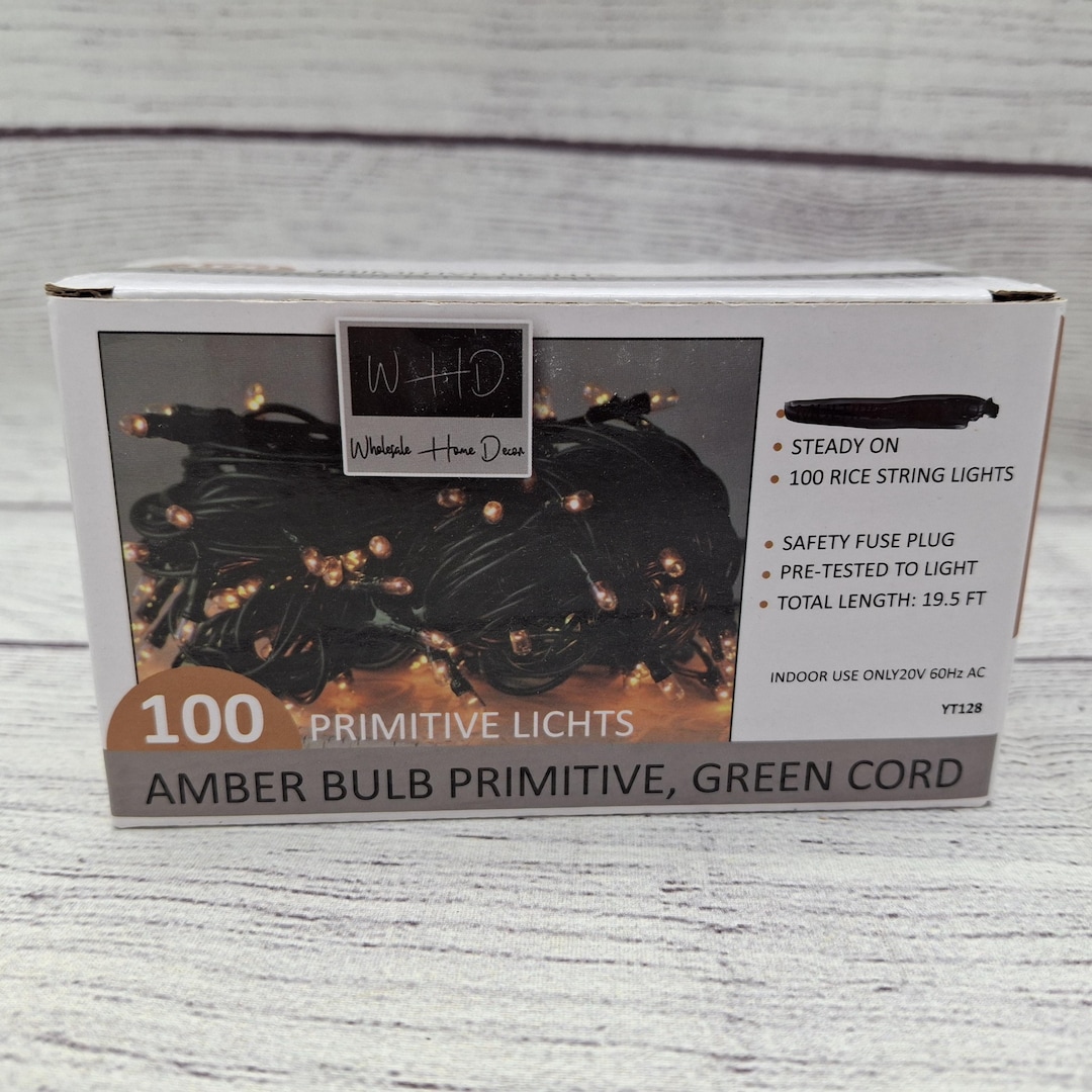 Primitive Rice Lights Amber Bulbs 100 Ct Green Cord Wire Rice Light Strand String Set, Steady ...