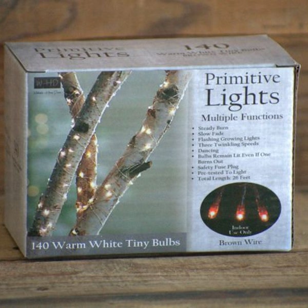 140 ct Brown Cord Wire Rice Light Strand String Set, Multi-Function, Warm White Tiny Bulbs, Primitive Lights, Wreath Tree Lighting, Indoor