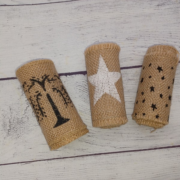 Mixed Lot of Stenciled Burlap Ribbon Rolls, 4in x 6ft, Floral Woodworking Craft Supply, Bow Making, Rustic Primitive, Stars, Willow Tree