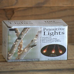 May include: A box of 100 warm white tiny bulb string lights with brown wire. The box features a photo of the lights wrapped around a birch branch. The text on the box reads "Primitive Lights", "Steady On", "Safety Fuse Plug", "Pre-tested To Light", "Total Length: 19.5 FT", "100 Warm White Tiny Bulbs", "Indoor Use Only", and "Brown Wire".