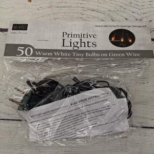 May include: A package of "Primitive Lights" with 50 warm white tiny bulbs on green wire. The package includes a safety fuse plug and is pre-tested to light. Total length is 10 feet.