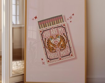 Perfect Match Wall Art Printable, Retro Love Poster, Pink Tiger Matchbox Illustration, Valentine’s Day, Girlfriend Gift, Digital Download