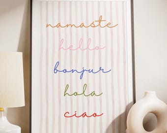 Gruß Wandkunst zum Ausdrucken, Namaste Hello Bonjour Poster, minimalistische Typografie Eingangsbereich Art, digitaler Download