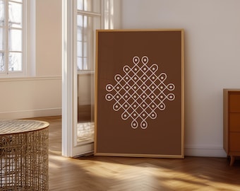 Kolam Wall Art Printable, Modern Indian Line Art Poster, Brown Geometric Design, Home Decor