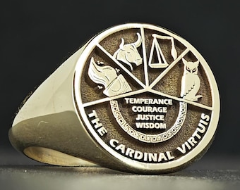 Siegelring „Vier Tugenden“, individuell gravierter Schmuck mit stoischer Philosophie für Herren