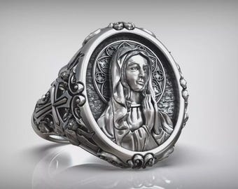 Virgin Mary Ring for Men, Praying Mother of God Religious Jewelry, Handmade Catholic Orthodox Christian Ring in Silver or Gold