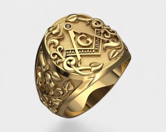 Gold Freemason Ring for Men, Handmade Masonic Compass G Symbol Jewelry with Ornate Vine Design, Custom Brotherhood Gift in Gold or Silver
