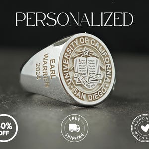 May include: A silver signet ring with the text "PERSONALIZED" at the top. The ring features the University of California, San Diego seal. The side of the ring is engraved with "EARL WARREN 2024".