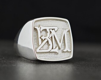 Sterling Silver Signet Ring, Personalized Two Initial Monogram, Unisex Custom Jewelry