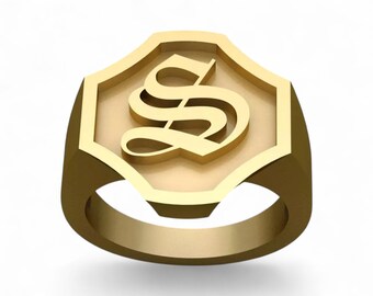 Anel de sinete com monograma gravado, joia personalizada com inicial em cursiva, anel unissex personalizado em prata de lei ou ouro.