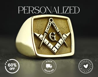 Anillo de sello masónico: Escuadra y compás masónicos, regalo personalizado