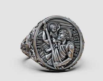 Saint Christopher Ring for Men, Patron Saint of Travelers Jewelry, Christian Sterling Silver Ring, Catholic Protection Ring