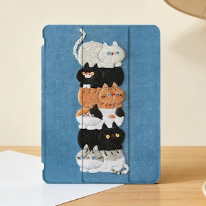 Cat Tower Folio iPad Case: Embroidered Feline Design, Protective Cover