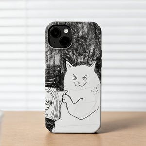 May include: A phone case featuring a black and white illustration of a cat reading a book. The cat has an angry expression. The background is a textured black and white design.