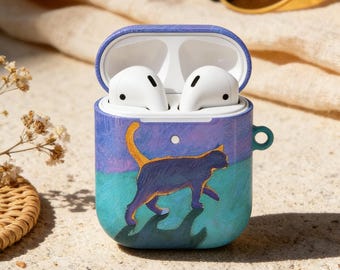Artistic Blue Cat AirPods Case, Painterly Kitten AirPods Pro 2 Case, Colorful Walking Cat AirPods 4 Cover, Gift for Cat Lovers AirPods