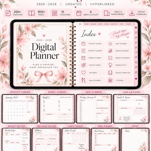 May include: A digital planner with a pink floral theme, featuring a cover page titled 2026-2028 Digital Planner and an index page with categories like finance, wellness, and meal planning. Includes various layout templates for monthly, weekly, and daily tracking.