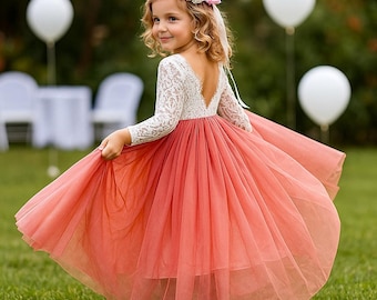 Blush Tulle Flower Girl Dress - Long Sleeve Lace Back, Rustic Wedding