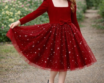 Girls Long Sleeve Holiday Tulle Dress, Glitter Star Photoshoot Flower Girl Outfit Toddler Junior Knee Length