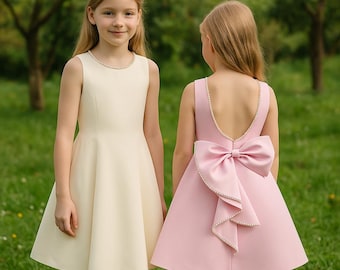 Satin Flower Girl Dress - Pearl V-Back, Bow, Formal Gown