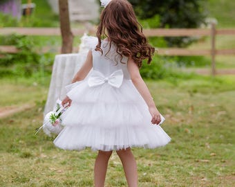 Tulle Lace Flower Girl Dress - Knee-Length Formal Dress for Kids in Blush, Red, White & Yellow for Birthday, Wedding and Photos