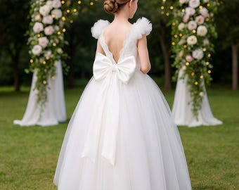 Flower Girl Dress with Tulle Skirt and Bow Back - Elegant Girls Formal Gown for Special Occasion, Communion, Birthday Dress Girl