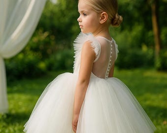 White Flower Girl Dress Baby Birthday Gown | Tulle Princess Ball Gown for Toddler | Puff Sleeve Fancy Toddler Dress | Baptism & Event