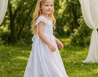 White Lace Flower Girl Dress - Tulle Princess Gown, Puff Sleeve