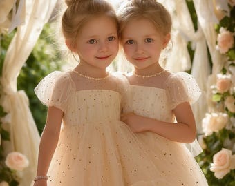 Apricot Tulle Princess Dress for Girls | Puff Sleeve Mesh Dress with Gold Stars – For Birthday, Flower Girl or Special Occasions