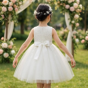 Flower Girl Dress Lace Tulle | Princess Dress for Wedding Birthday | Knee-Length Dress with Bow | Kids Formal Party Dress