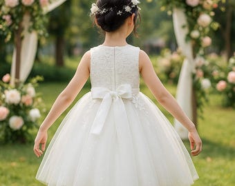 Flower Girl Dress Lace Tulle | Princess Dress for Wedding Birthday | Knee-Length Dress with Bow | Kids Formal Party Dress