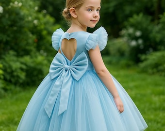 Flower Girl Dress with Heart Back Cutout | Puff Sleeves | Tulle Princess Dress with Bow & Button Closure