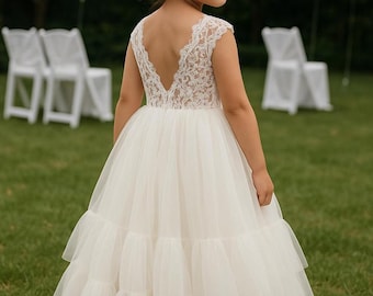 Tulle Flower Girl Dress for Toddler and Girls - Holiday Lace Gown with V Back, Full Skirt for Christmas Wedding or Photos