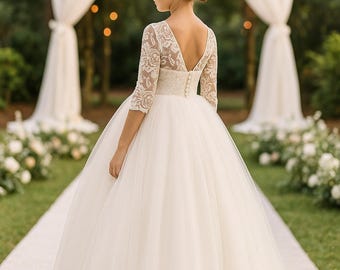 Elegant White Lace Flower Girl Dress, Long Princess Ball Gown with 3/4 Sleeves, Satin Tulle Gown for Christmas, Weddings or Holiday Photos