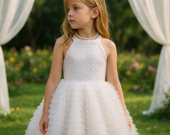 Lace Bodice Tulle Party Dress - White V-Back Bow Gown