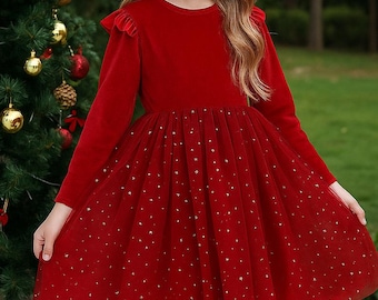 Christmas Velvet Tulle Dress for Girls, Red Green Holiday Dress, Long Sleeve Party Gown, Toddler Girl Christmas Outfit, Festive Dress