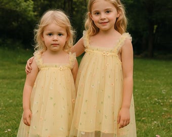 Daisy Tulle Dress for Toddler Girls – Pink or Yellow Sleeveless Dress for Birthday, First Birthday, or Flower Girl Look