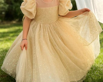 Champagne Sparkle Tutu Dress for Girls - Ball Gown with Puff Sleeves, Holiday Girl Dress for Christmas, Birthday & Party Dress Kids