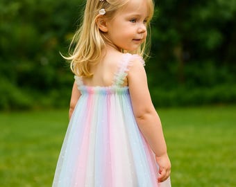 Pastel Glitter Tulle Dress - Rainbow Sleeveless Dress for Girls | Toddler Birthday or Fairy Costume Outfit | Sizes 1.5 to 7