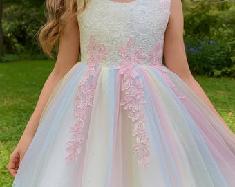 Rainbow Flower Girl Dress | Princess Tulle Dress for Birthday or Wedding | Kids Knee-Length Party Dress with Pastel Lace Details