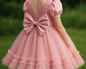 Pink Tulle Girls Dress - Sequin Bodice, Big Bow, Holiday Party