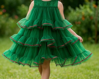 Christmas Green Tulle Dress for Toddler Girls - Holiday Party Tiered Gown with Red Sequins, Kids Xmas Outfit for Photos & Events