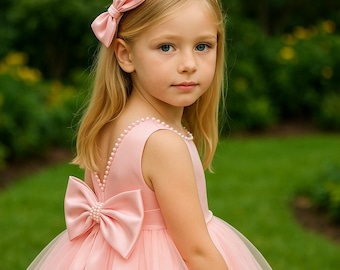 Pastel Tutu Dress for Girls | Pearl Trimmed Gown with Big Bow Back | Flower Girl, First Birthday, Photoshoot, Special Occasion