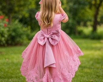 Princess Ball Gown in Pink or Yellow - Tulle Flower Girl Dress with Puff Sleeves - Elegant Baptism, Birthday, Wedding Outfit