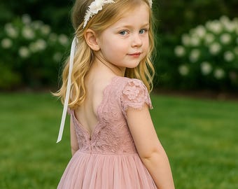 Lace Bodice Tulle Flower Girl Dress - Blush Pink Formal Gown