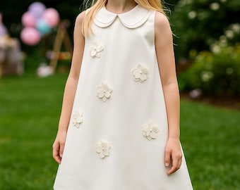White Floral Girls Dress for Toddler to 7Y - Peter Pan Collar, 3D Flower Embroidery, Wedding, Birthday & Holiday Outfit