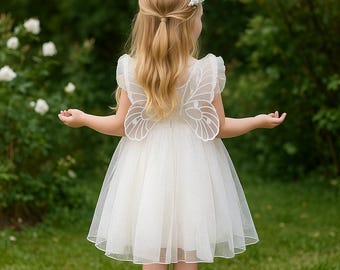 Fairy princess dress for girls, embroidered wings, tulle mesh skirt, birthday and photoshoot outfit