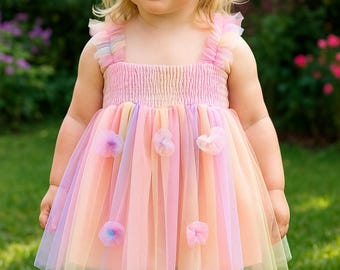 Butterfly Tulle Baby Dress for Birthday, Photoshoot or Holiday - Pastel Toddler Girl Gown with Wings, Rosettes and Sparkle Tulle