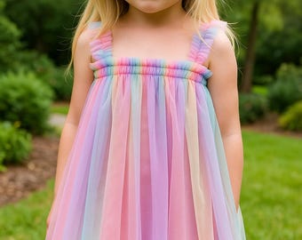 Rainbow Tulle Birthday Dress for Baby Girl - Pastel Toddler Party Outfit, Colorful Tutu Dress for Girls, Fancy Dress for 1st to 9th Birthday