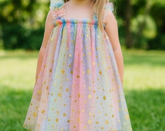 Girls Star Tulle Dress - Rainbow Sleeveless Birthday Party Outfit