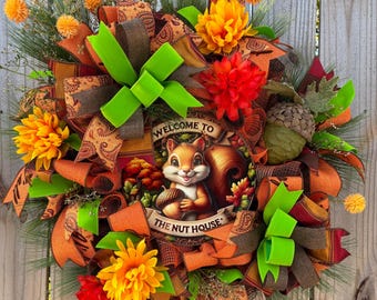 Squirrel Fall Wreath: Funny Autumn "Nut House" Door Decor